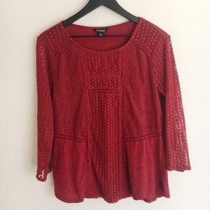 Lucky Brand Red Embroidered Lace Top Size Large